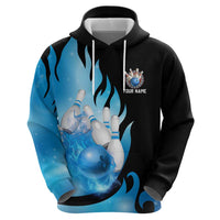 Blue Flame Bowling Ball and Pins Design Zip Hoodie with Smoke Effects and Custom Team Name Text - Wonder Print Shop