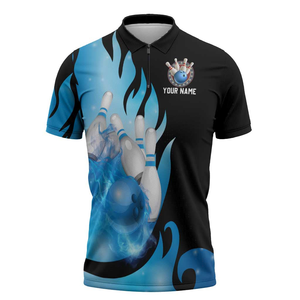 Blue Flame Bowling Ball and Pins Design Zipper Polo Shirt with Smoke Effects and Custom Team Name Text - Wonder Print Shop