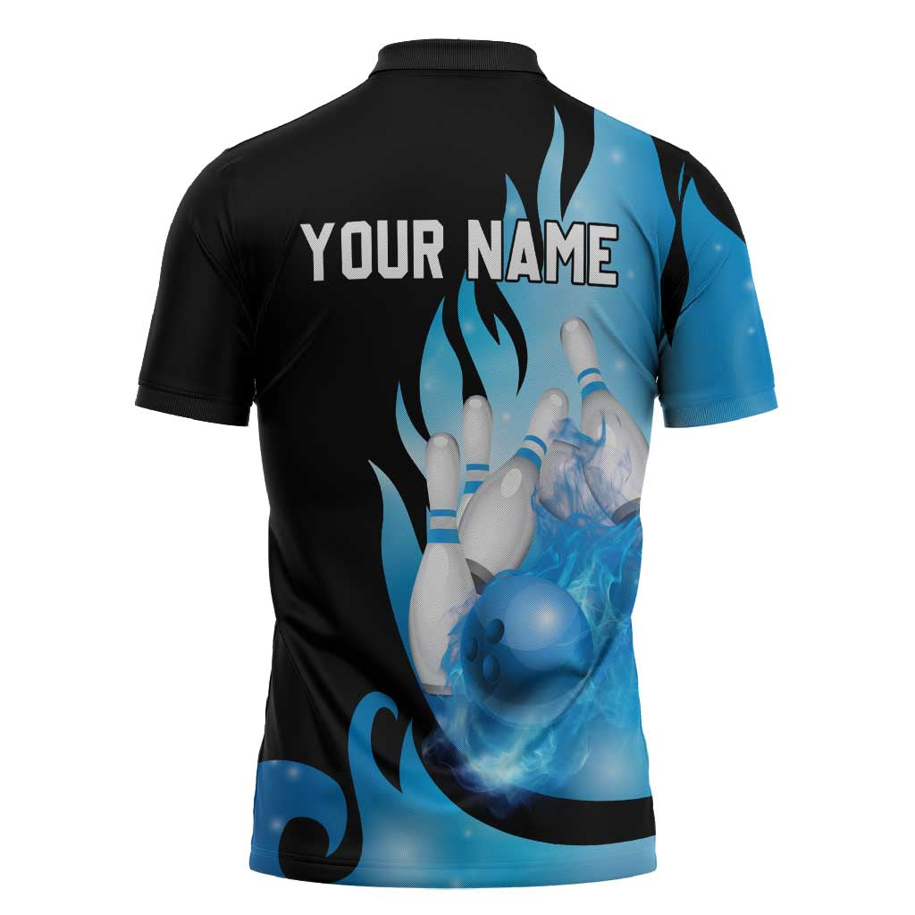Blue Flame Bowling Ball and Pins Design Zipper Polo Shirt with Smoke Effects and Custom Team Name Text - Wonder Print Shop
