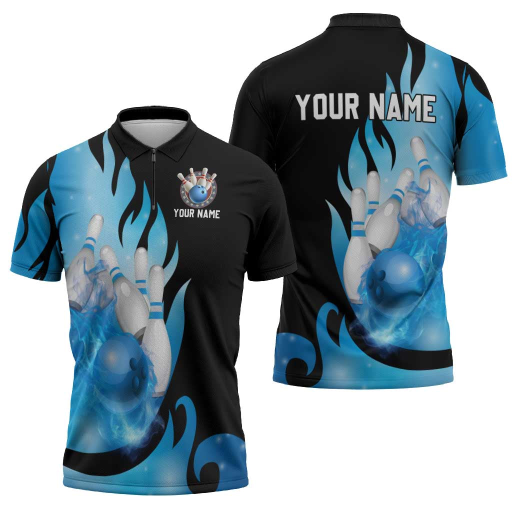 Blue Flame Bowling Ball and Pins Design Zipper Polo Shirt with Smoke Effects and Custom Team Name Text - Wonder Print Shop