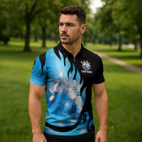 Blue Flame Bowling Ball and Pins Design Zipper Polo Shirt with Smoke Effects and Custom Team Name Text - Wonder Print Shop