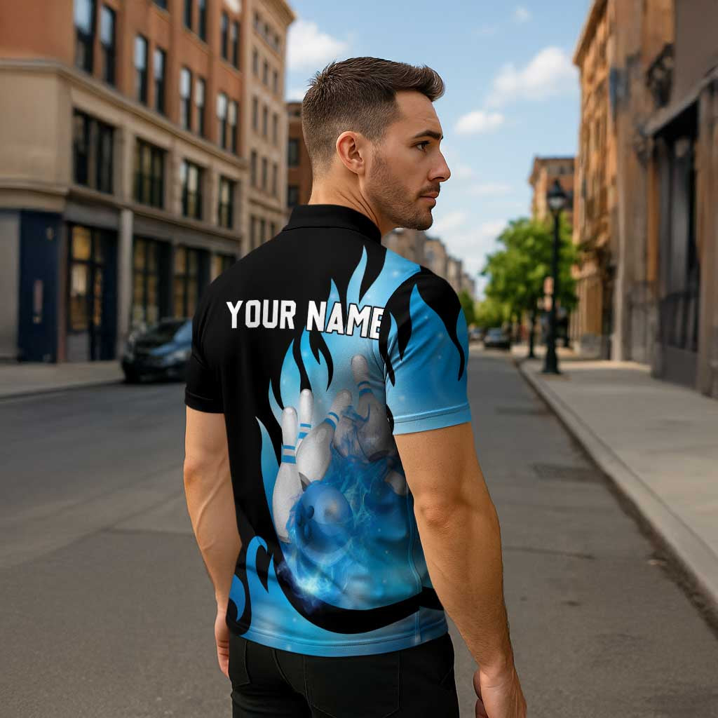 Blue Flame Bowling Ball and Pins Design Zipper Polo Shirt with Smoke Effects and Custom Team Name Text - Wonder Print Shop