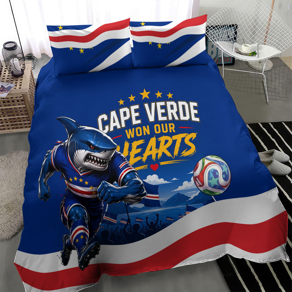 Cape Verde Won Our Hearts Soccer Bedding Set Blue Sharks Football Mascot Patriotic National Team