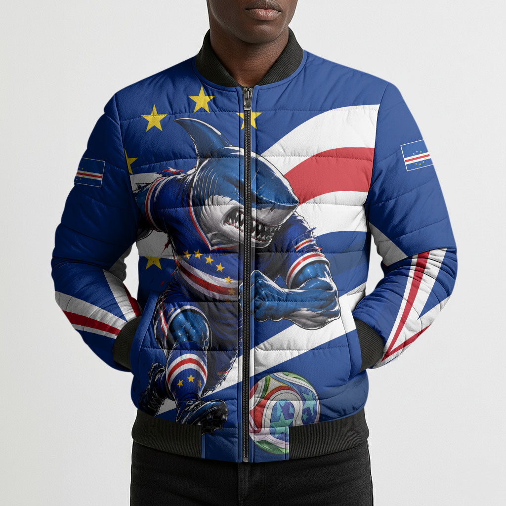 Cape Verde Won Our Hearts Soccer Bomber Puffer Jacket Blue Sharks Football Mascot Patriotic National Team
