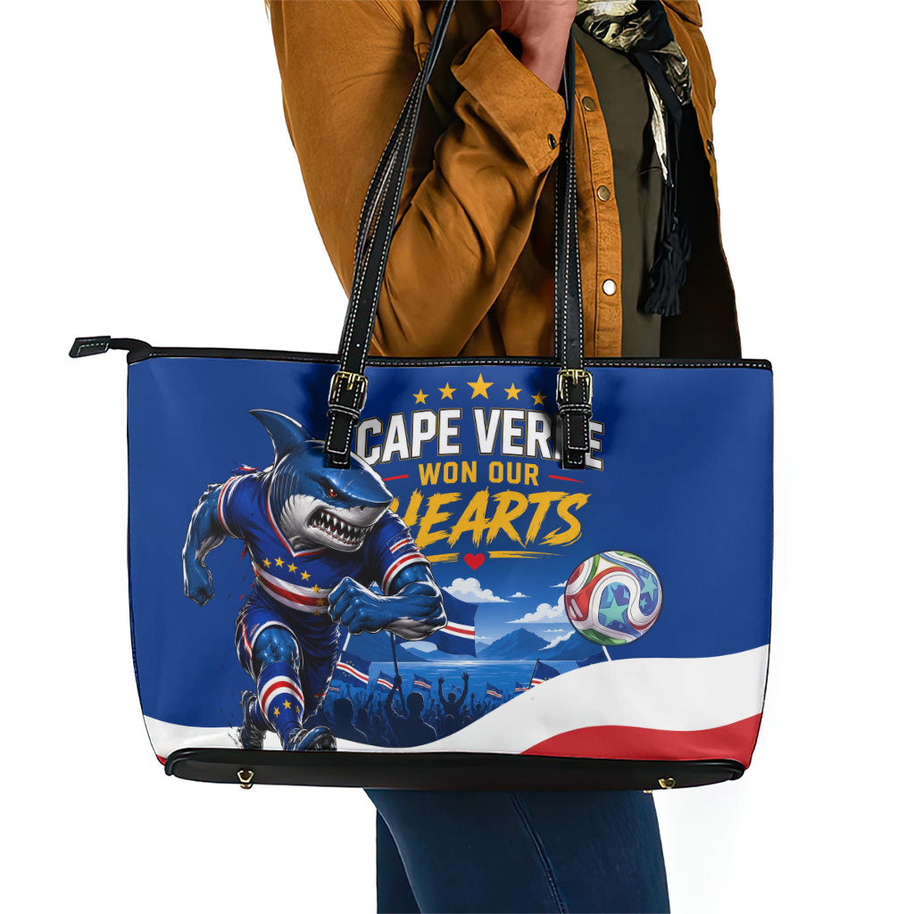 Cape Verde Won Our Hearts Soccer Leather Tote Bag Blue Sharks Football Mascot Patriotic National Team