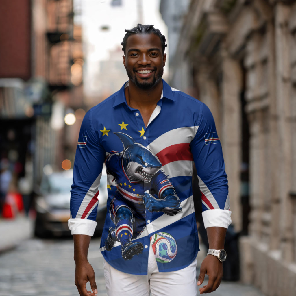 Cape Verde Won Our Hearts Soccer Long Sleeve Button Shirt Blue Sharks Football Mascot Patriotic National Team