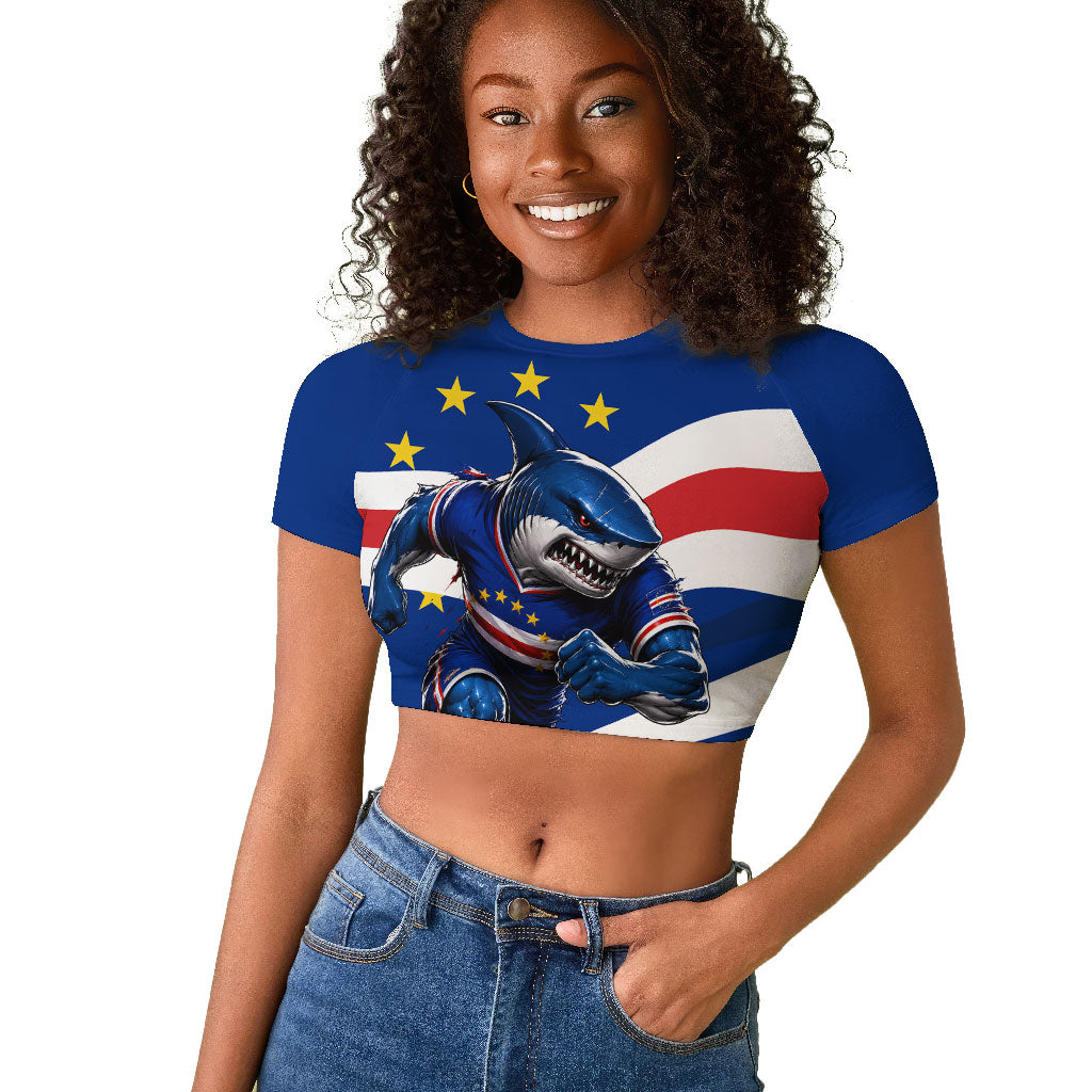 Cape Verde Won Our Hearts Soccer Raglan Cropped T shirt Blue Sharks Football Mascot Patriotic National Team