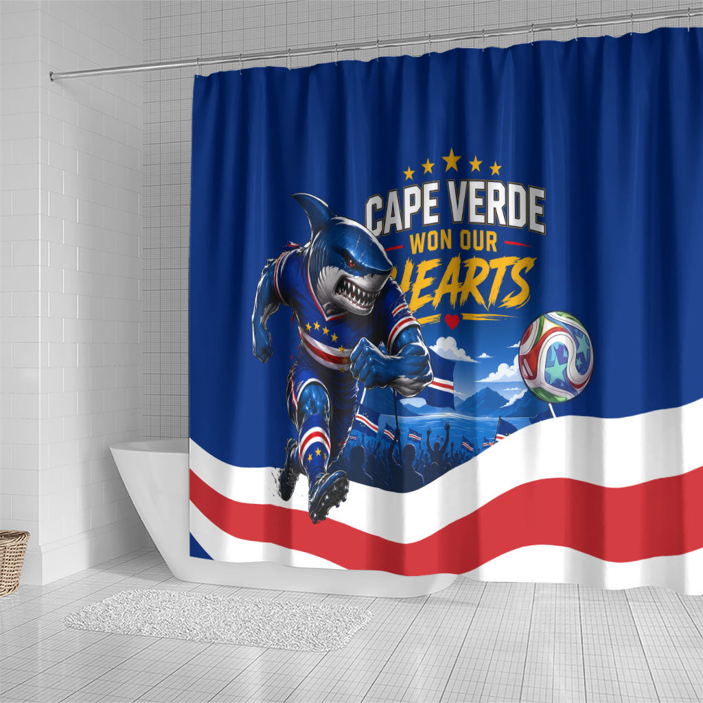 Cape Verde Won Our Hearts Soccer Shower Curtain Blue Sharks Football Mascot Patriotic National Team