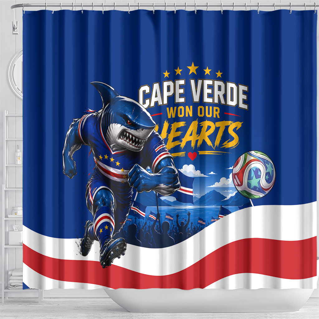 Cape Verde Won Our Hearts Soccer Shower Curtain Blue Sharks Football Mascot Patriotic National Team