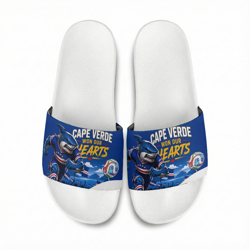 Cape Verde Won Our Hearts Soccer Slide Sandals Blue Sharks Football Mascot Patriotic National Team