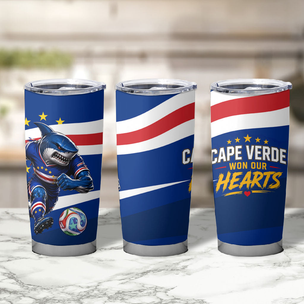 Cape Verde Won Our Hearts Soccer Tumbler Cup Blue Sharks Football Mascot Patriotic National Team