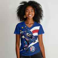Cape Verde Won Our Hearts Soccer Women V-Neck T-Shirt Blue Sharks Football Mascot Patriotic National Team