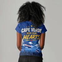 Cape Verde Won Our Hearts Soccer Women V-Neck T-Shirt Blue Sharks Football Mascot Patriotic National Team
