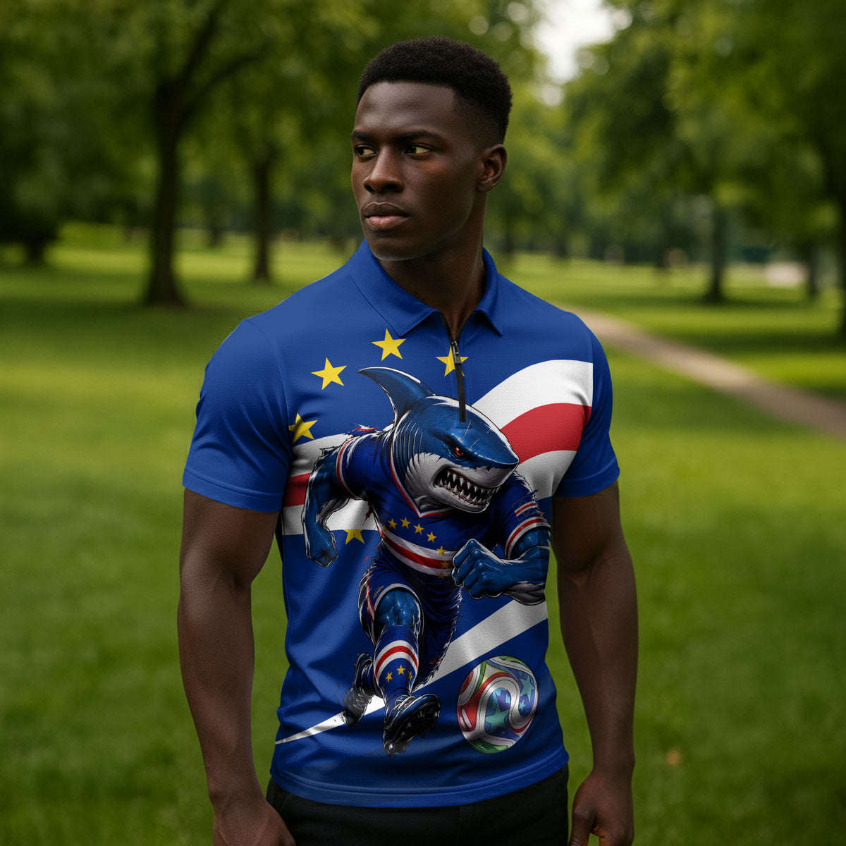 Cape Verde Won Our Hearts Soccer Zipper Polo Shirt Blue Sharks Football Mascot Patriotic National Team