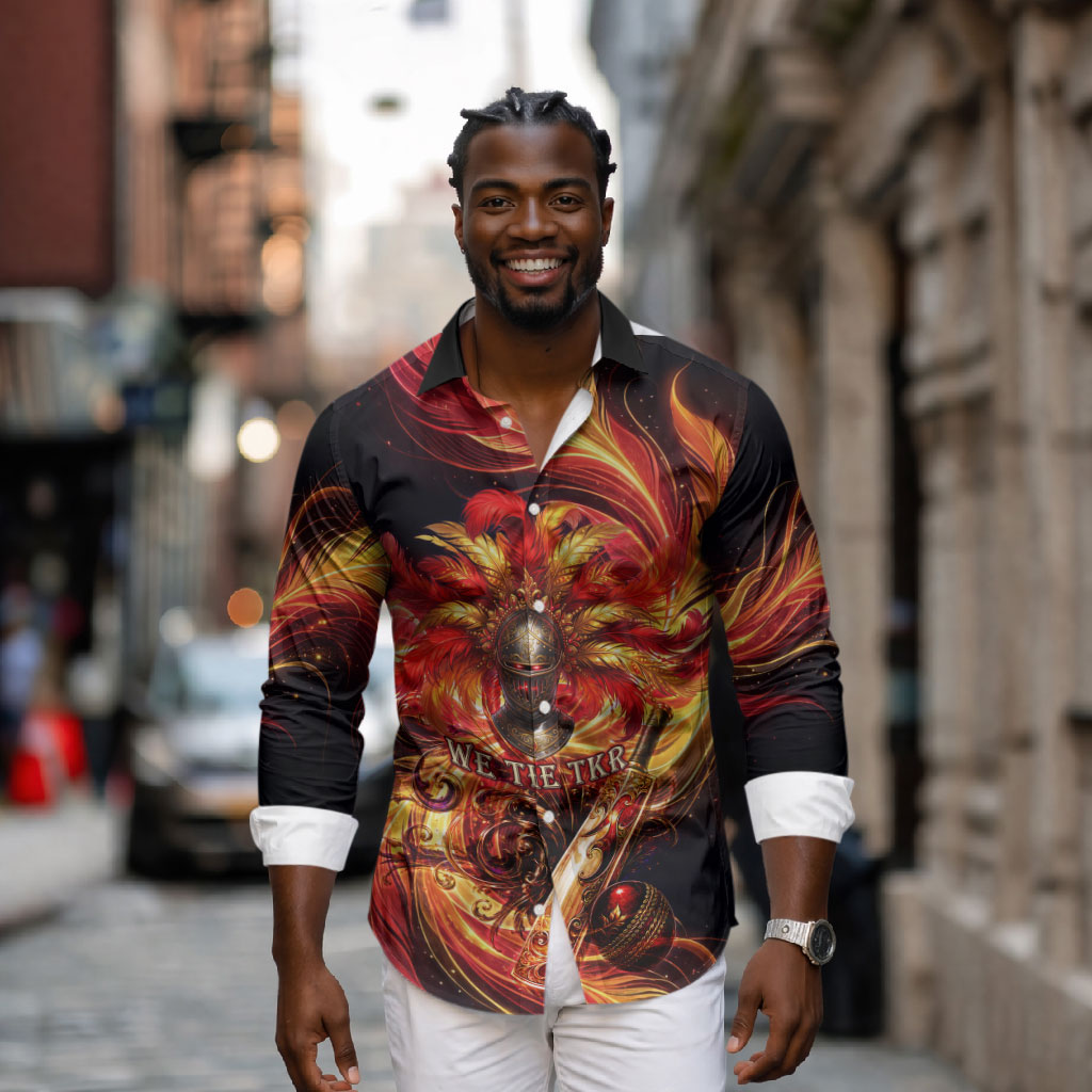 Trinbago Knight Riders Cricket Long Sleeve Button Shirt Trinidad and Tobago Fiery Knight Warrior Bat Flame