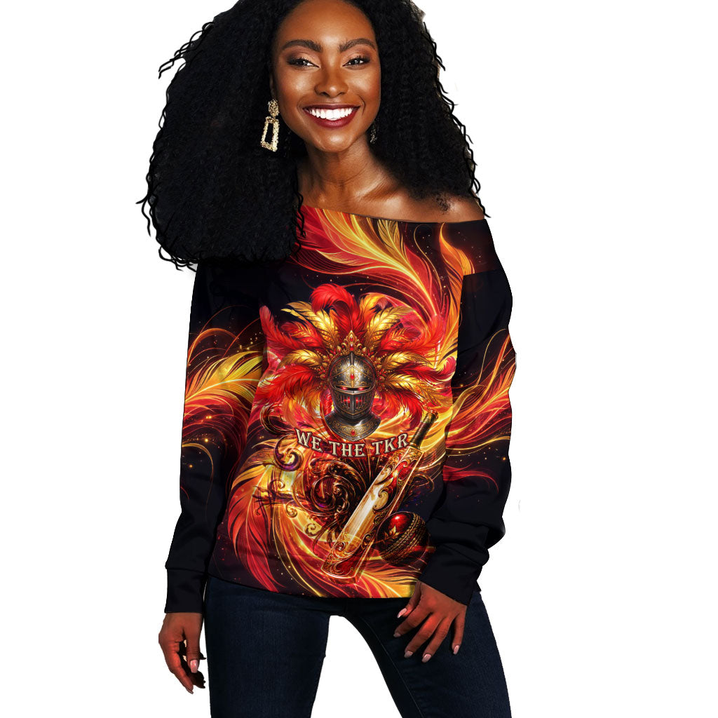 Trinbago Knight Riders Cricket Off Shoulder Sweater Trinidad and Tobago Fiery Knight Warrior Bat Flame