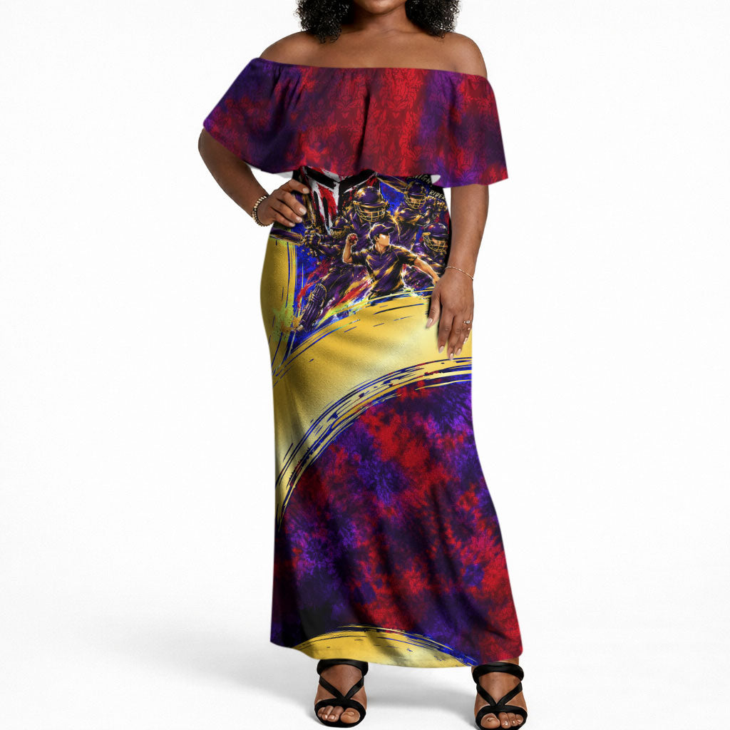 Trinbago Knight Riders Cricket Off Shoulder Maxi Dress Trinidad and Tobago Unleash The Knight Brush Stroke