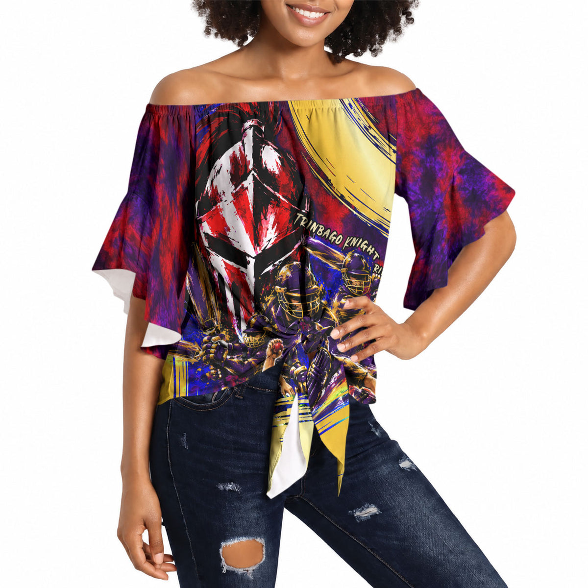 Trinbago Knight Riders Cricket Off Shoulder Wrap Waist Top Trinidad and Tobago Unleash The Knight Brush Stroke