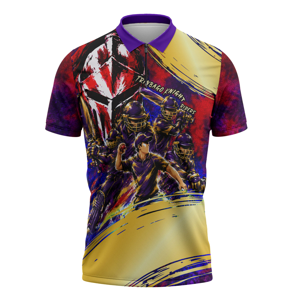 Trinbago Knight Riders Cricket Zipper Polo Shirt Trinidad and Tobago Unleash The Knight Brush Stroke