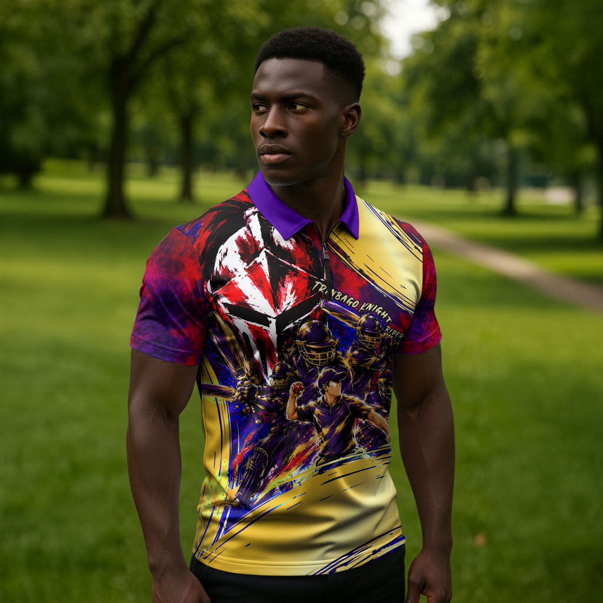 Trinbago Knight Riders Cricket Zipper Polo Shirt Trinidad and Tobago Unleash The Knight Brush Stroke