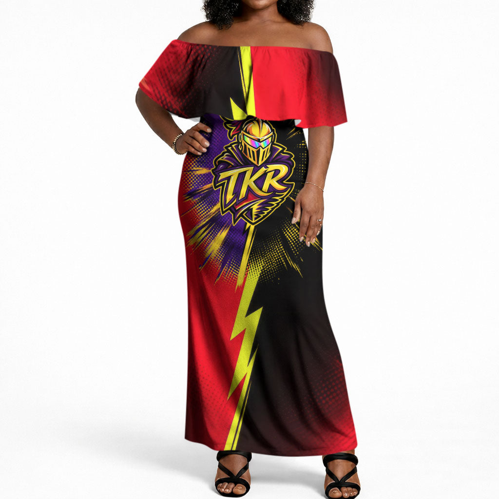 Trinidad and Tobago Cricket Off Shoulder Maxi Dress Trinbago Knight Riders - Ride Or Die Comic Halftone