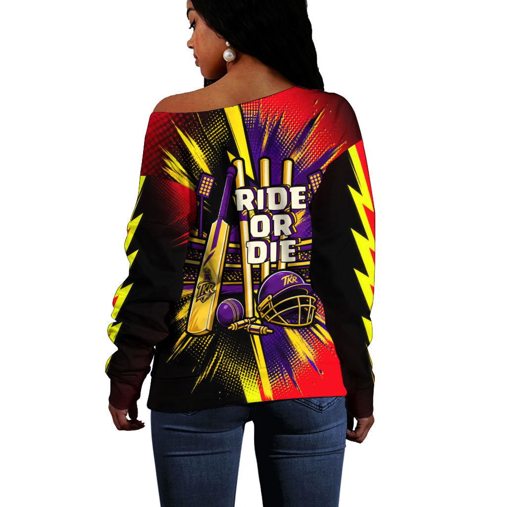 Trinidad and Tobago Cricket Off Shoulder Sweater Trinbago Knight Riders - Ride Or Die Comic Halftone