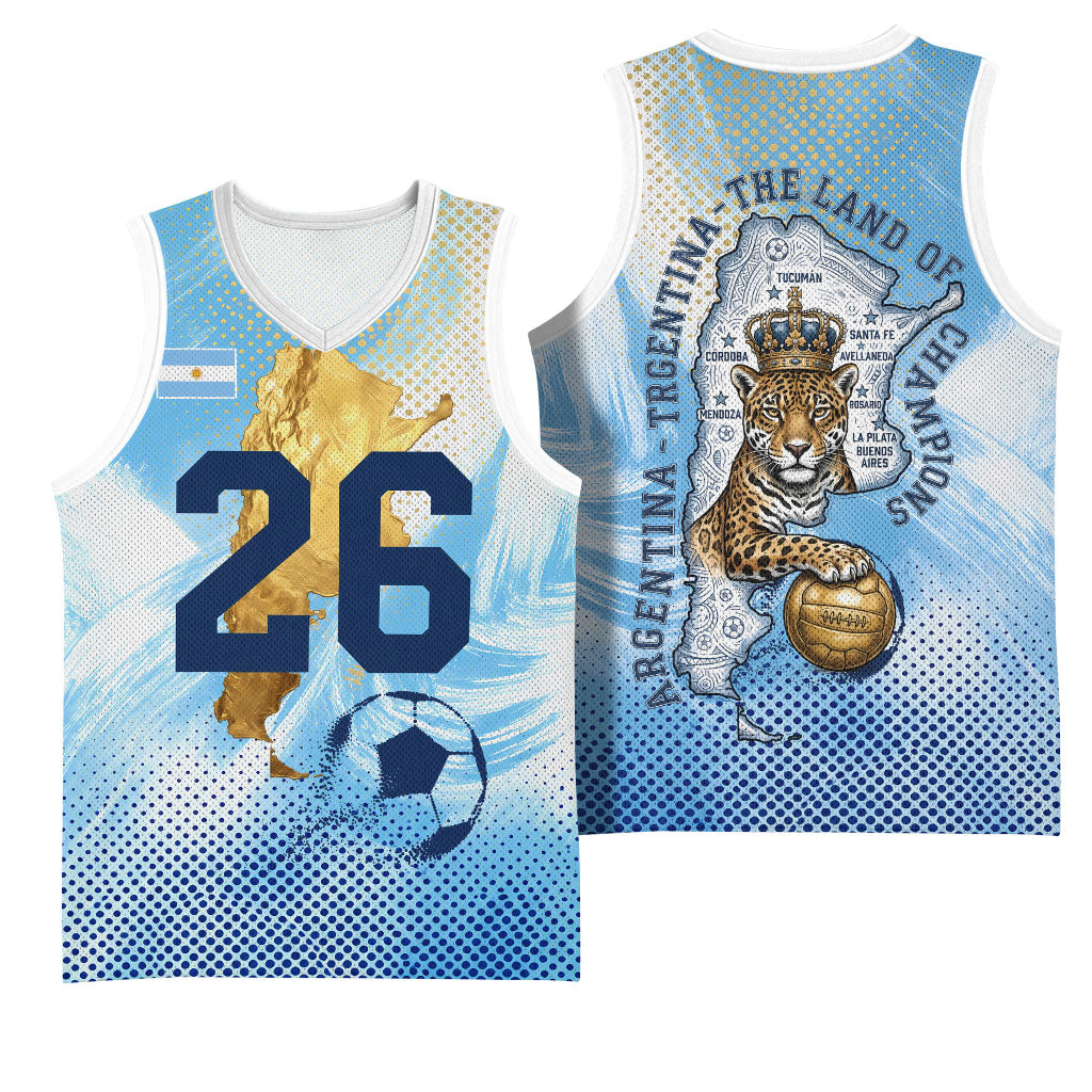 Argentina Football Land Of Champions Basketball Jersey Halftone Dot Jaguar Mascot National Map