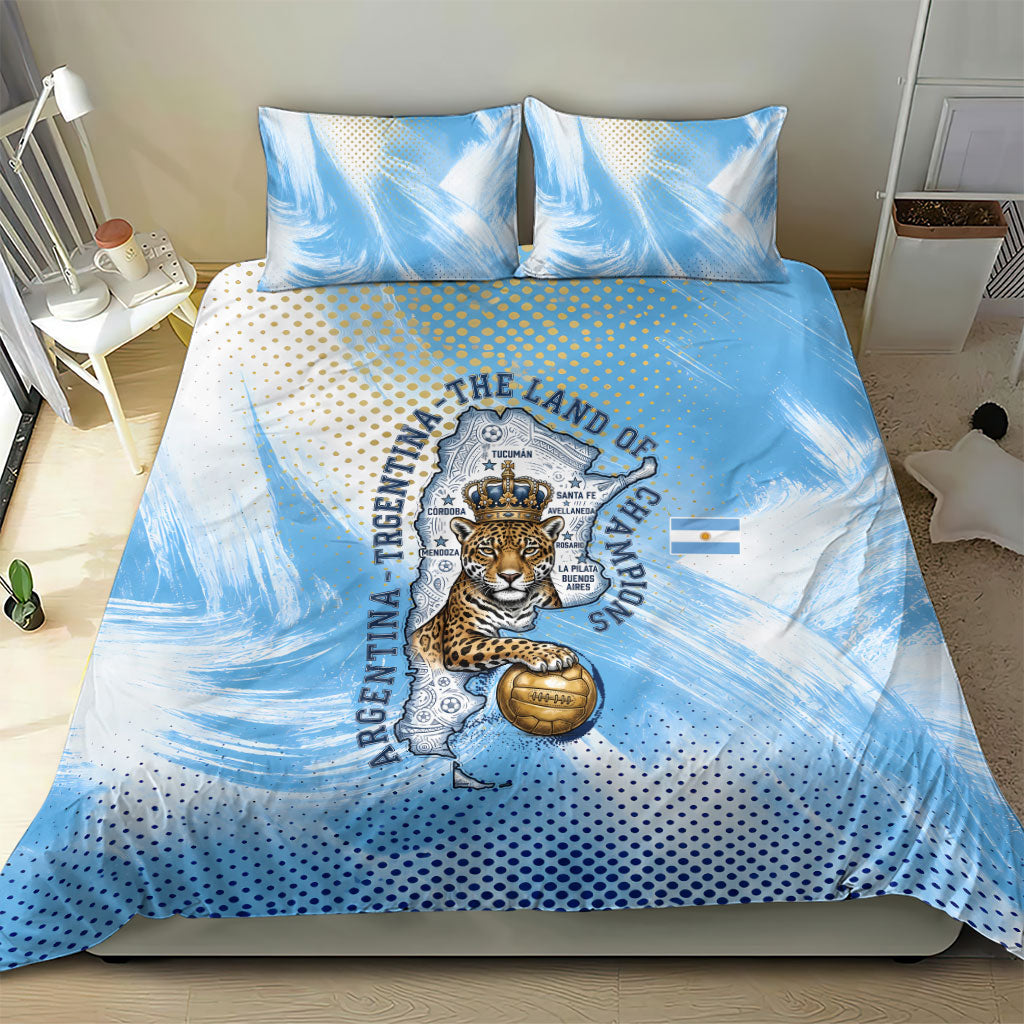 Argentina Football Land Of Champions Bedding Set Halftone Dot Jaguar Mascot National Map