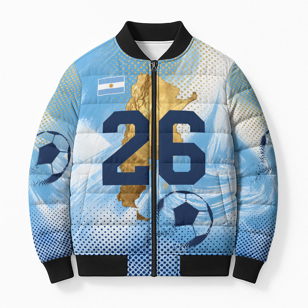 Argentina Football Land Of Champions Bomber Puffer Jacket Halftone Dot Jaguar Mascot National Map