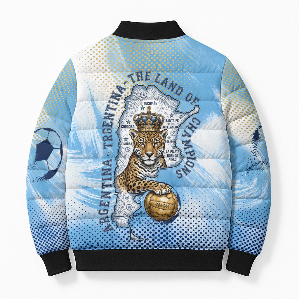 Argentina Football Land Of Champions Bomber Puffer Jacket Halftone Dot Jaguar Mascot National Map