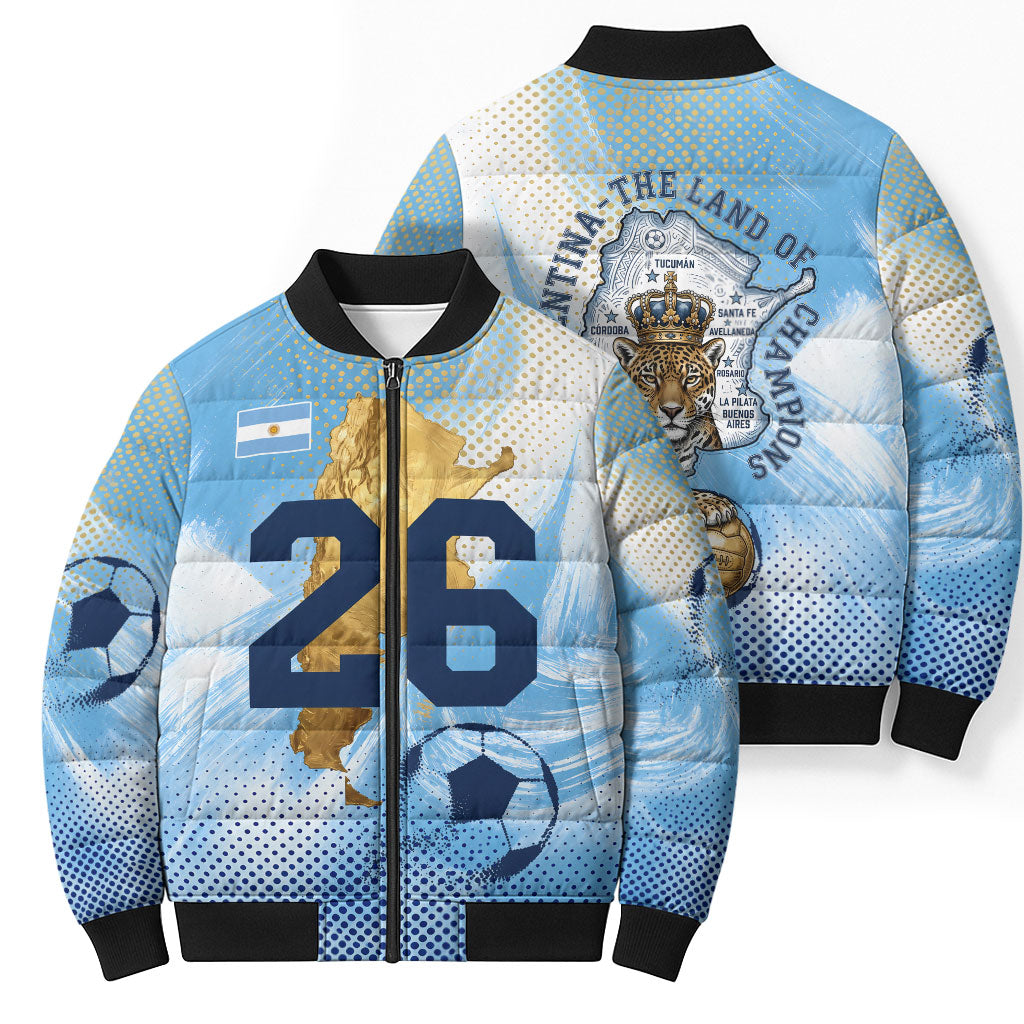 Argentina Football Land Of Champions Bomber Puffer Jacket Halftone Dot Jaguar Mascot National Map