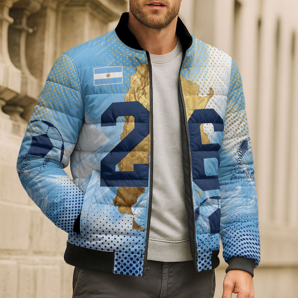 Argentina Football Land Of Champions Bomber Puffer Jacket Halftone Dot Jaguar Mascot National Map