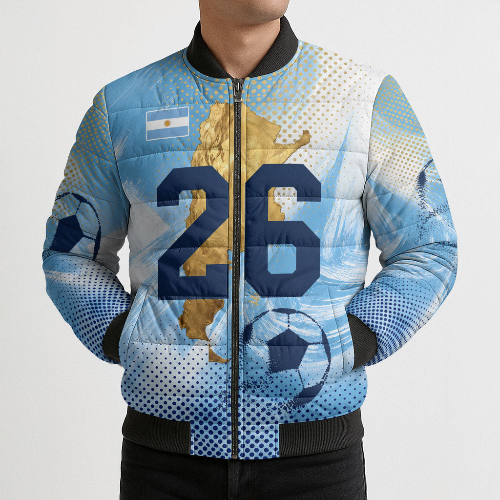 Argentina Football Land Of Champions Bomber Puffer Jacket Halftone Dot Jaguar Mascot National Map
