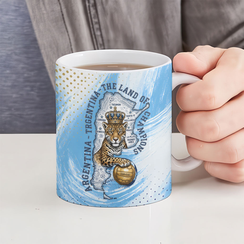 Argentina Football Land Of Champions Ceramic Mug Halftone Dot Jaguar Mascot National Map
