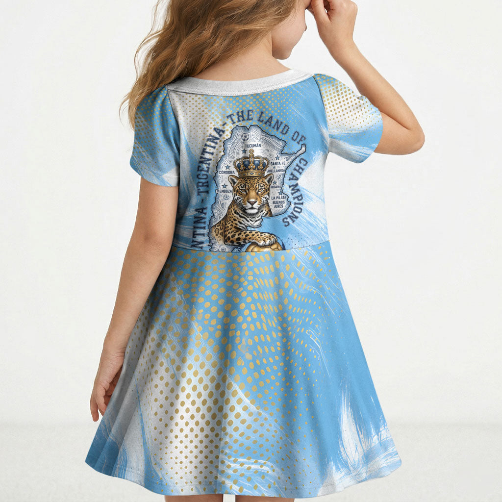 Argentina Football Land Of Champions Kid Short Sleeve Dress Halftone Dot Jaguar Mascot National Map