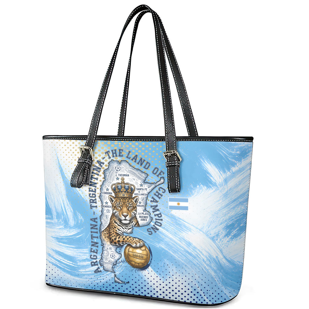 Argentina Football Land Of Champions Leather Tote Bag Halftone Dot Jaguar Mascot National Map