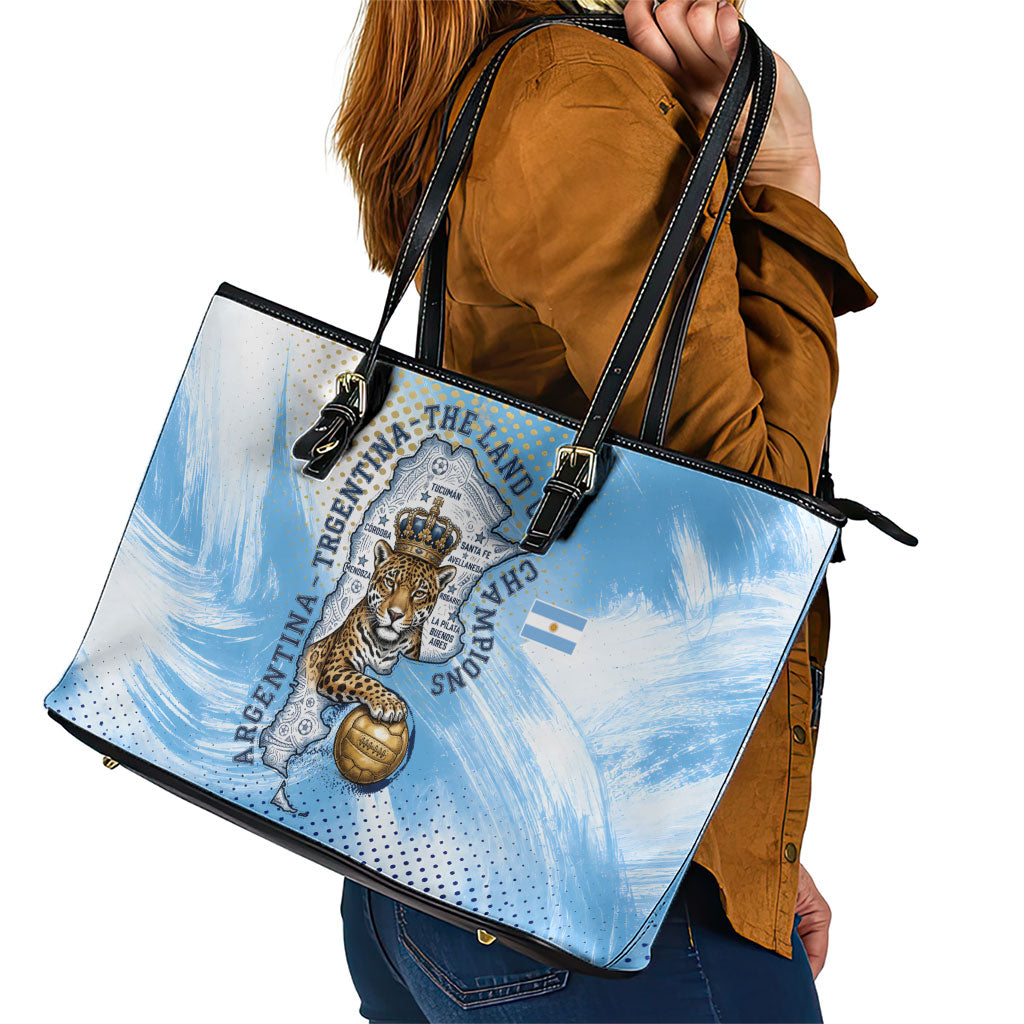 Argentina Football Land Of Champions Leather Tote Bag Halftone Dot Jaguar Mascot National Map