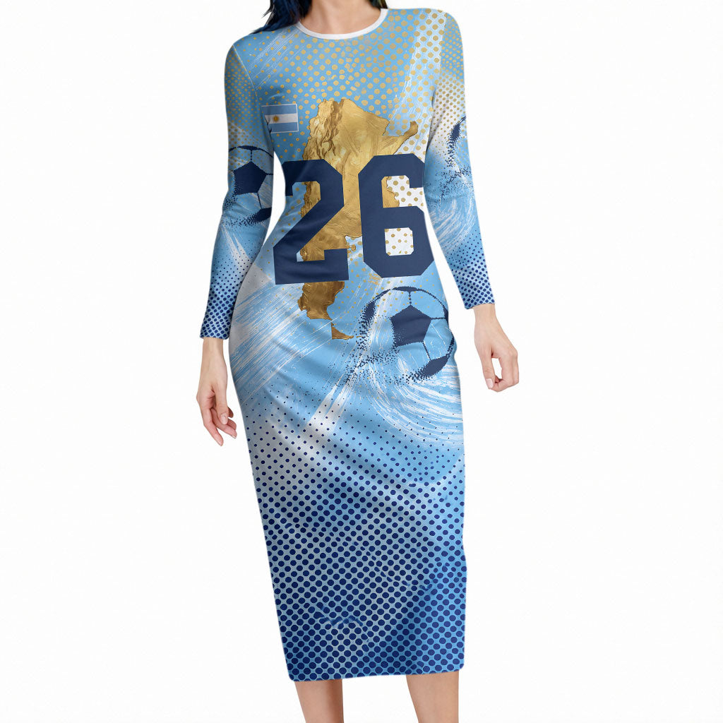 Argentina Football Land Of Champions Long Sleeve Bodycon Dress Halftone Dot Jaguar Mascot National Map