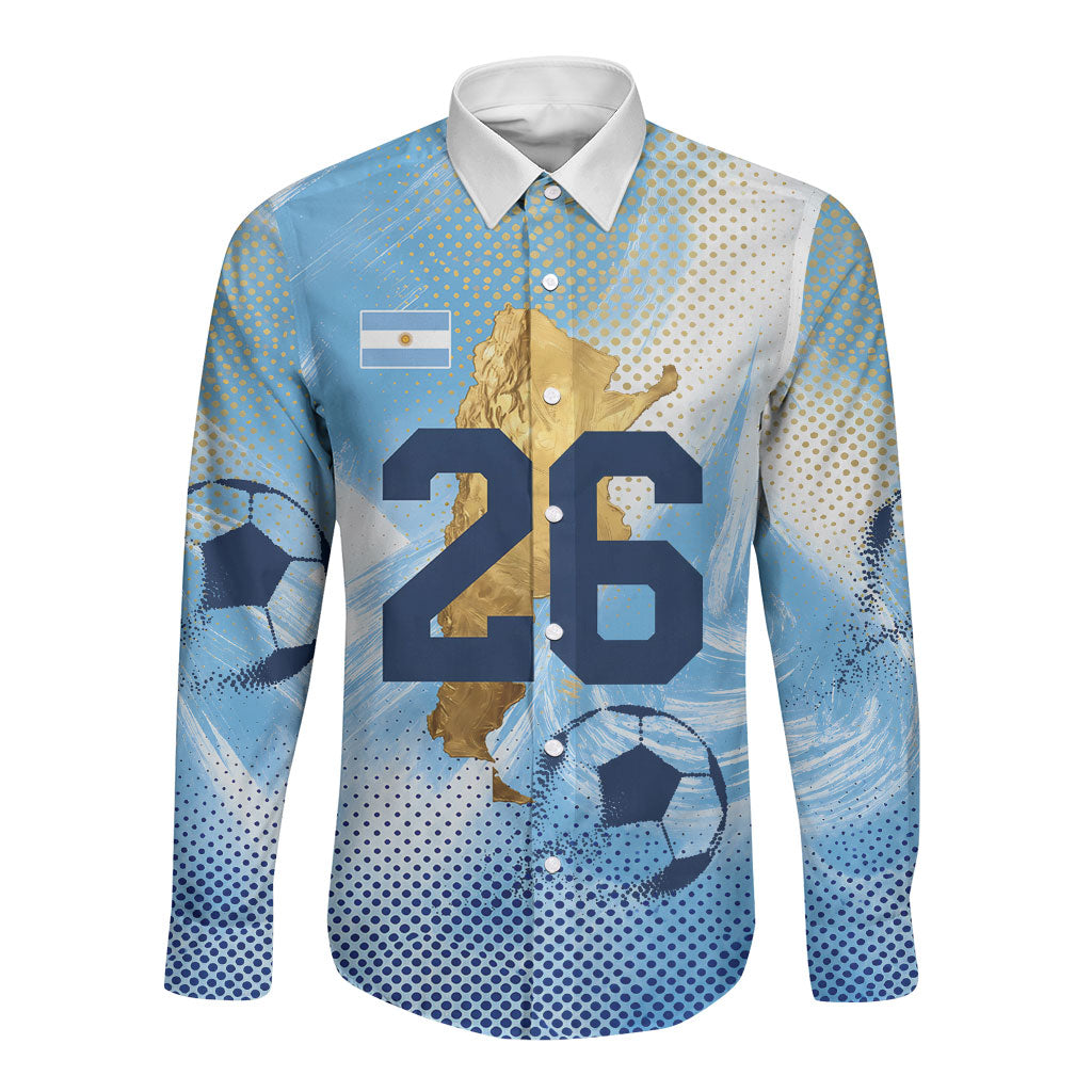 Argentina Football Land Of Champions Long Sleeve Button Shirt Halftone Dot Jaguar Mascot National Map