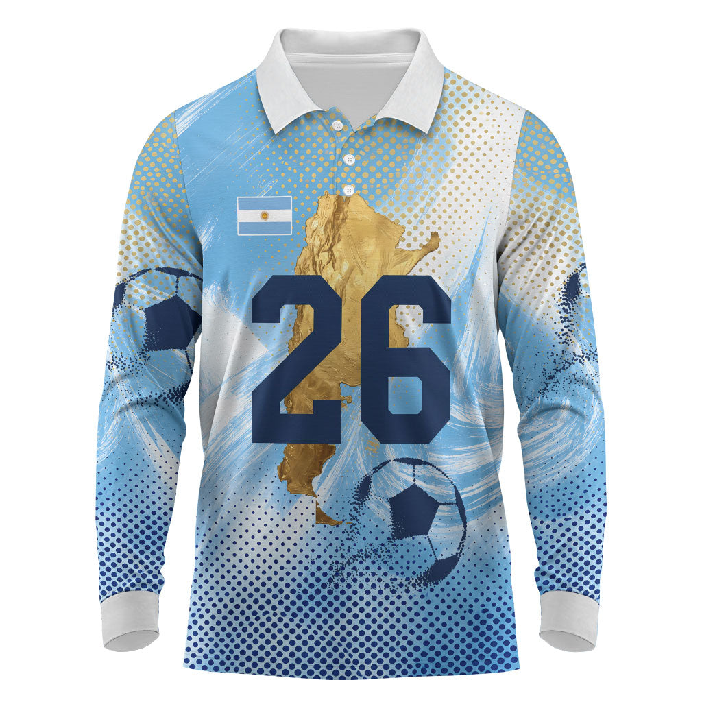 Argentina Football Land Of Champions Long Sleeve Polo Shirt Halftone Dot Jaguar Mascot National Map