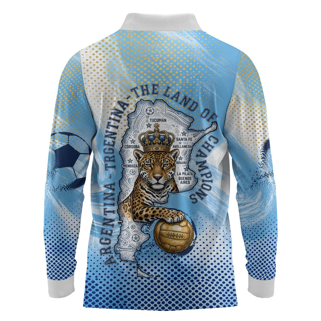 Argentina Football Land Of Champions Long Sleeve Polo Shirt Halftone Dot Jaguar Mascot National Map