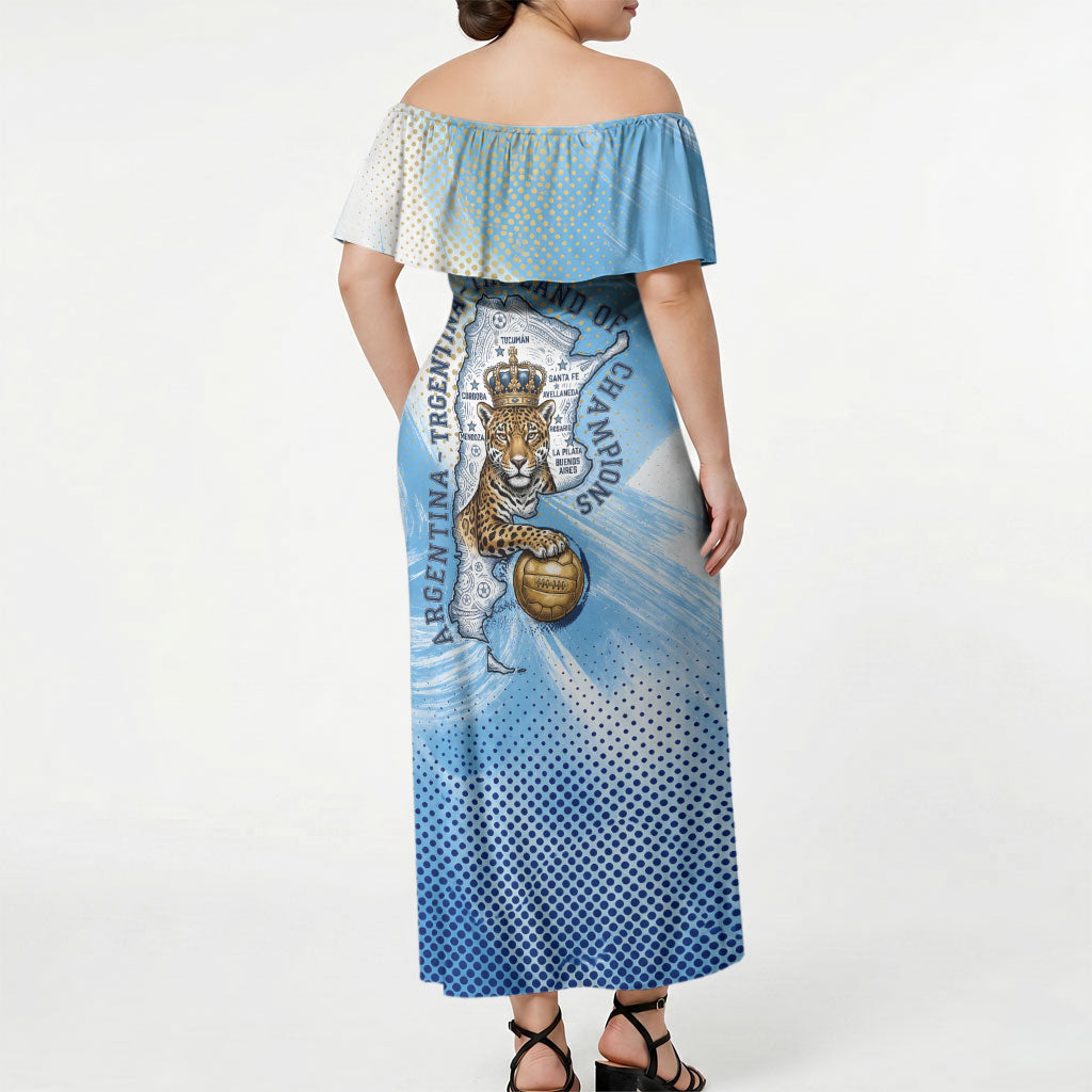 Argentina Football Land Of Champions Off Shoulder Maxi Dress Halftone Dot Jaguar Mascot National Map