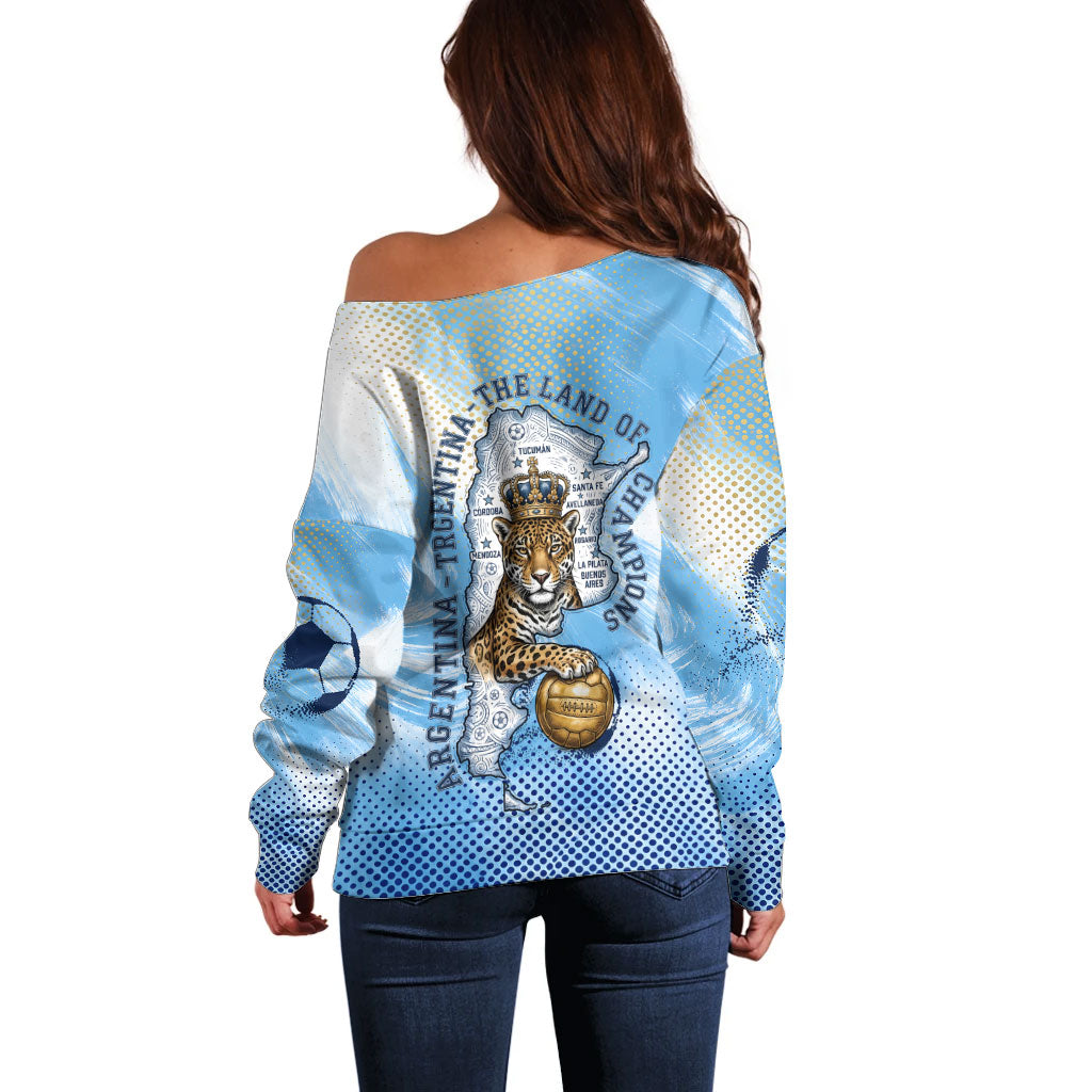 Argentina Football Land Of Champions Off Shoulder Sweater Halftone Dot Jaguar Mascot National Map