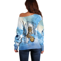 Argentina Football Land Of Champions Off Shoulder Sweater Halftone Dot Jaguar Mascot National Map