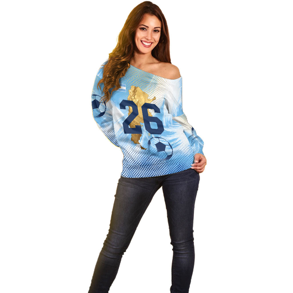 Argentina Football Land Of Champions Off Shoulder Sweater Halftone Dot Jaguar Mascot National Map