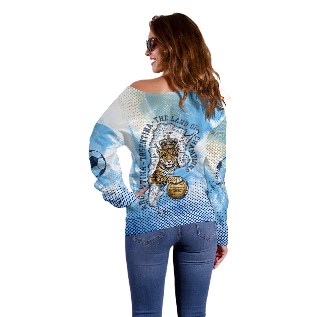 Argentina Football Land Of Champions Off Shoulder Sweater Halftone Dot Jaguar Mascot National Map