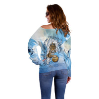 Argentina Football Land Of Champions Off Shoulder Sweater Halftone Dot Jaguar Mascot National Map