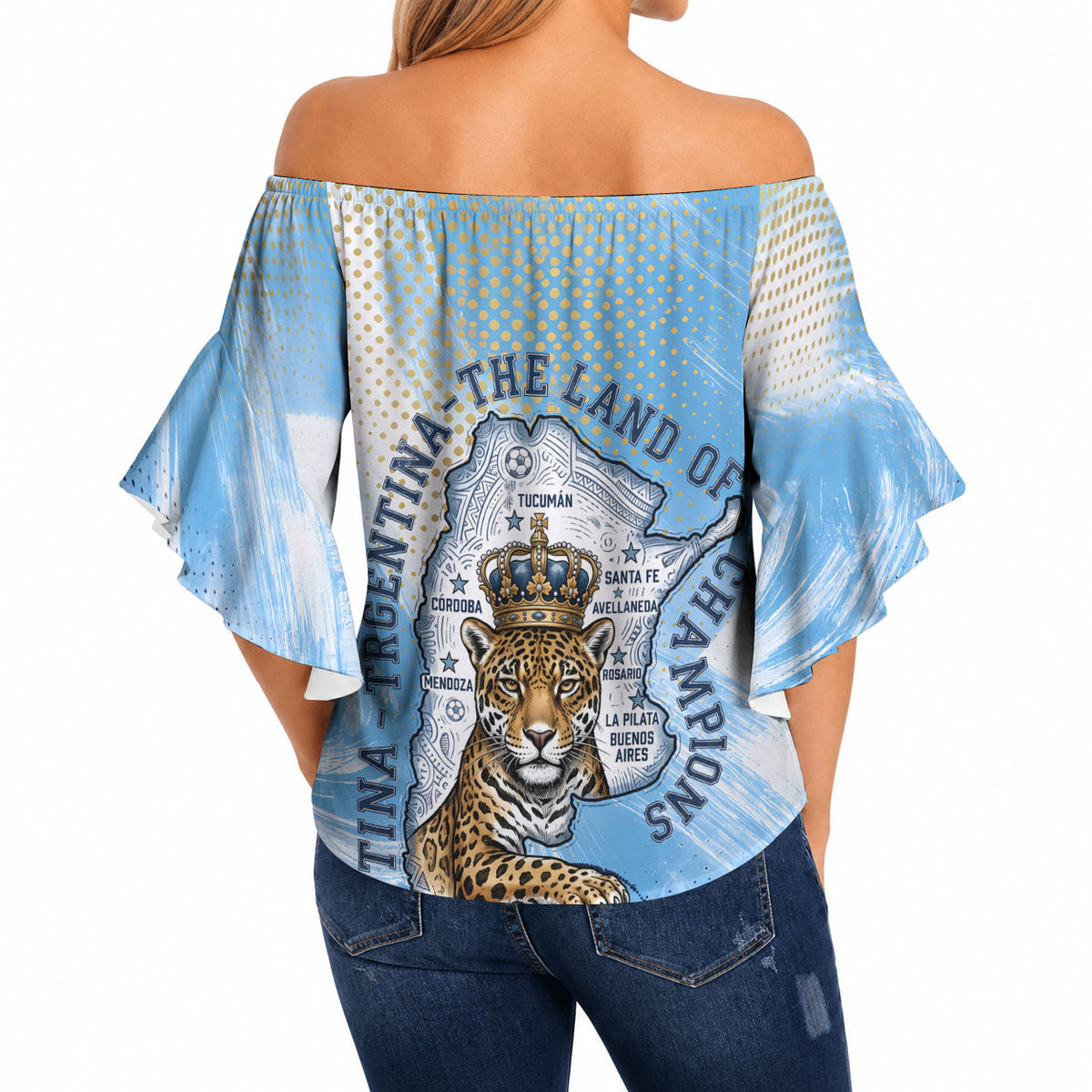 Argentina Football Land Of Champions Off Shoulder Wrap Waist Top Halftone Dot Jaguar Mascot National Map