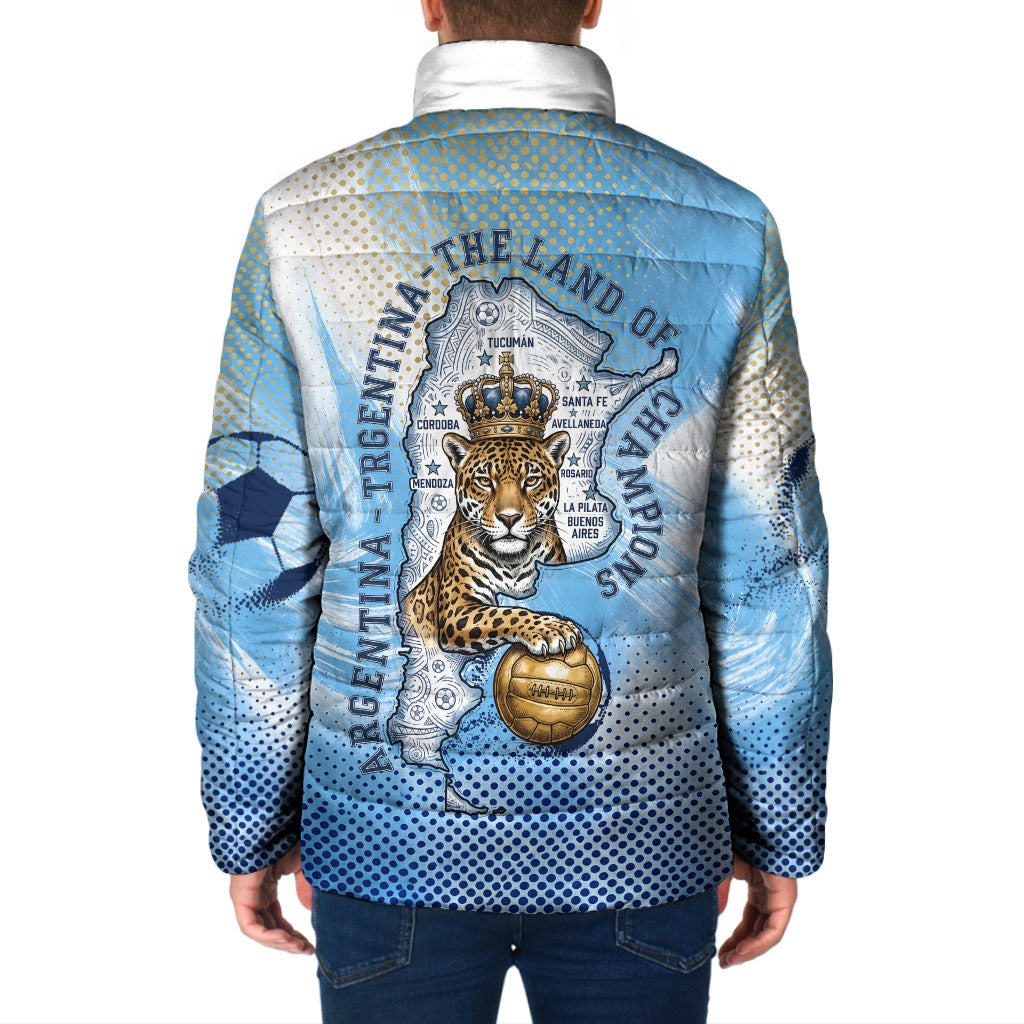 Argentina Football Land Of Champions Padded Jacket Halftone Dot Jaguar Mascot National Map