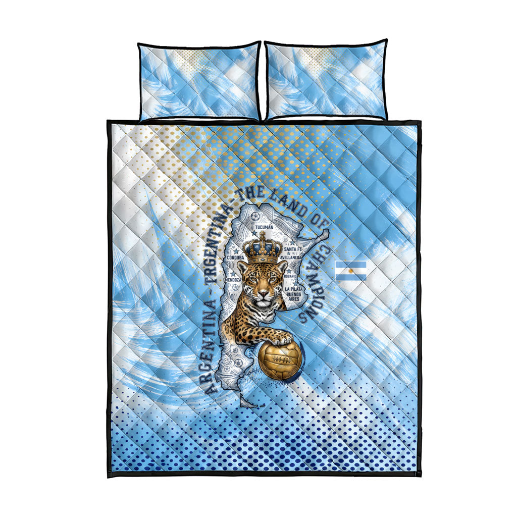 Argentina Football Land Of Champions Quilt Bed Set Halftone Dot Jaguar Mascot National Map